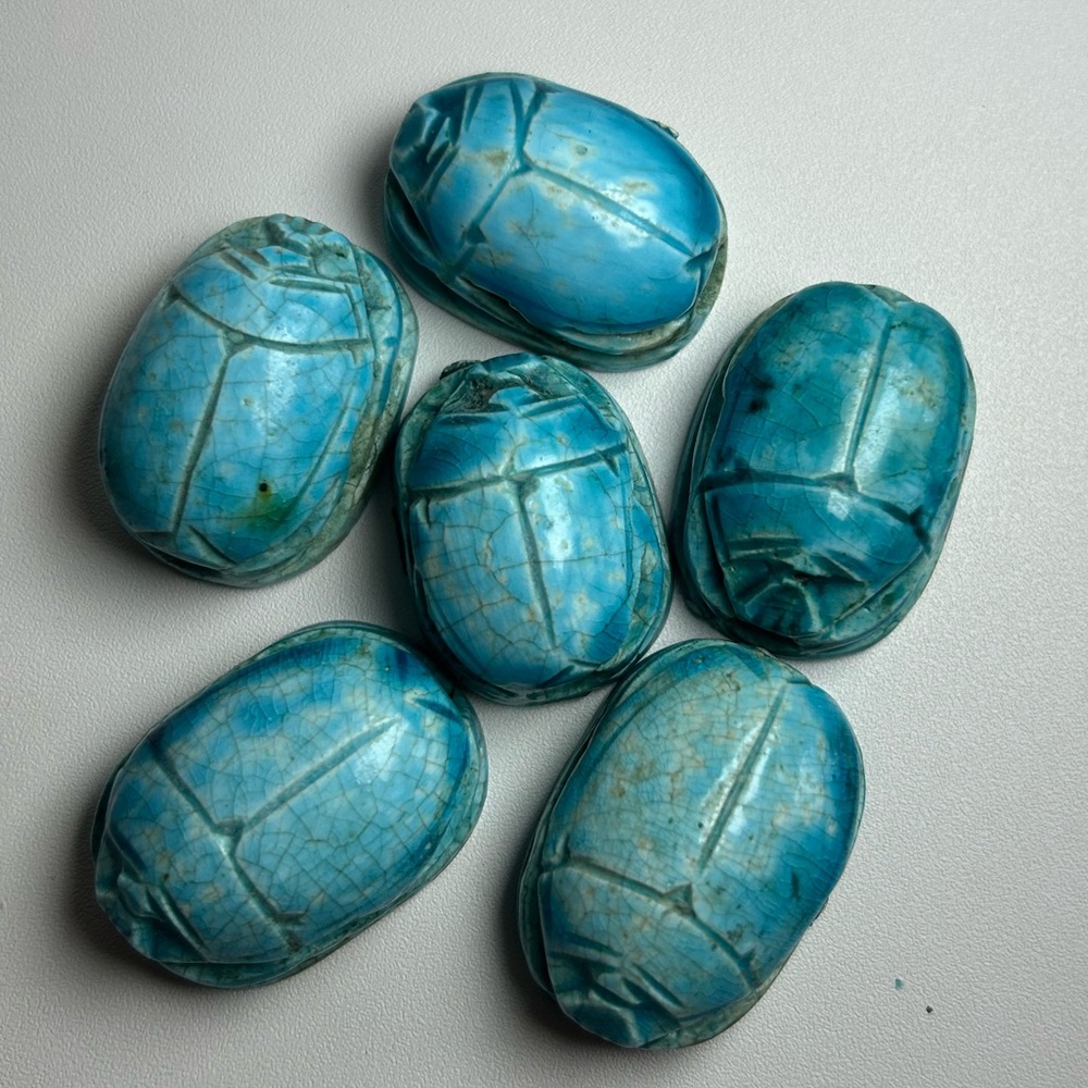 Vintage Lot Egyptian Glazed Turquoise Blue Carved 6 Scarab Beads Faience Large